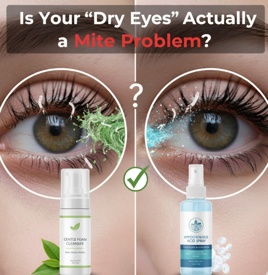 Image of two eyes with demodex mites and a foam cleanser and spray for relief.