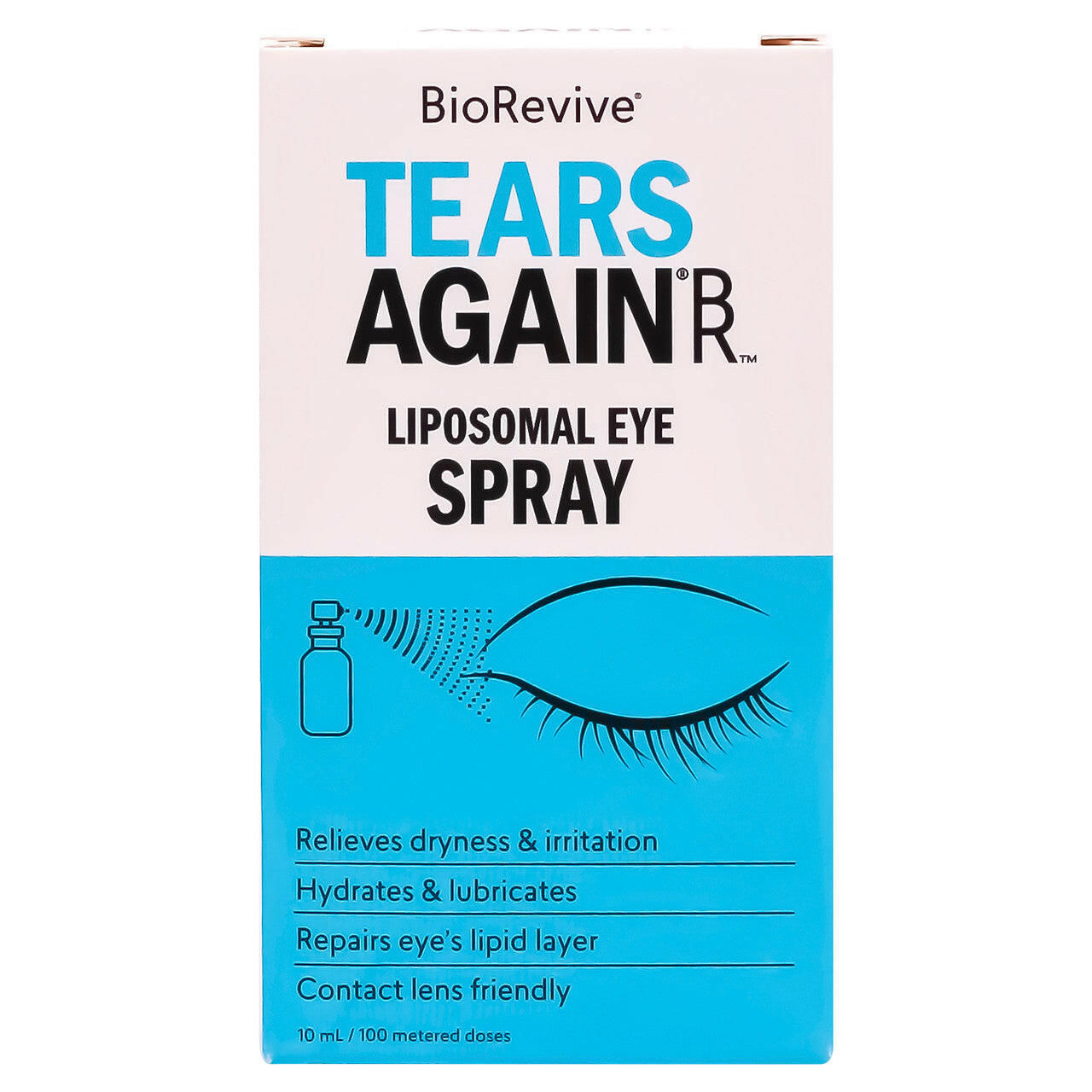 A box of BioRevive Tears Again Liposomal Eye Spray which relieves dryness and irritation, hydrates dry eyes, and repairs the eyes lipid layer. Contact lens friendly.