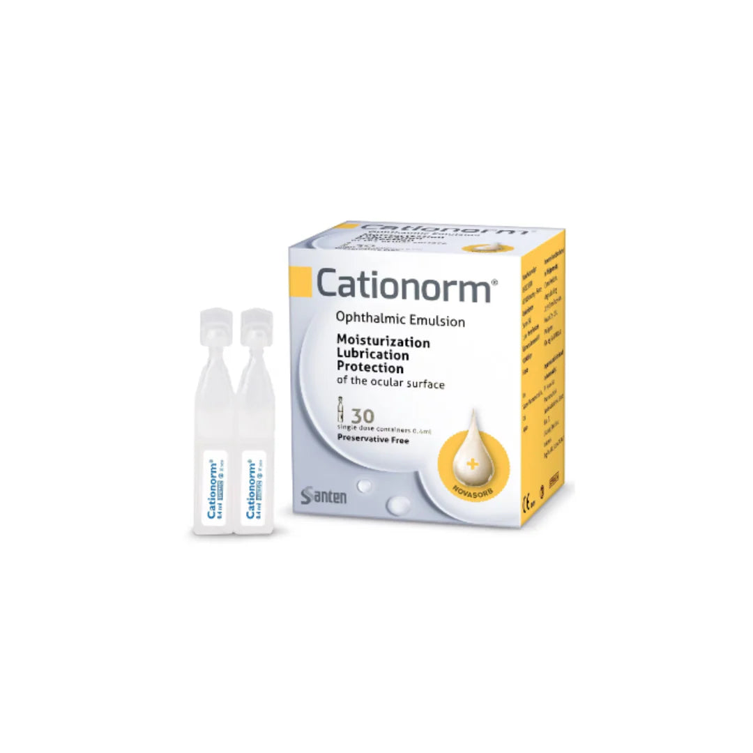Cationorm ophthalmic emulsion packaging with bottles on a white background