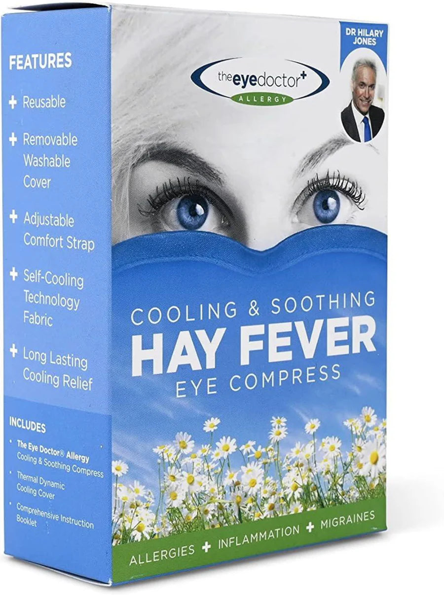 A box containing the Eye Doctor Allergy Cooling & Soothing Hay Fever Eye Compress for allergies, inflammation and migraines.