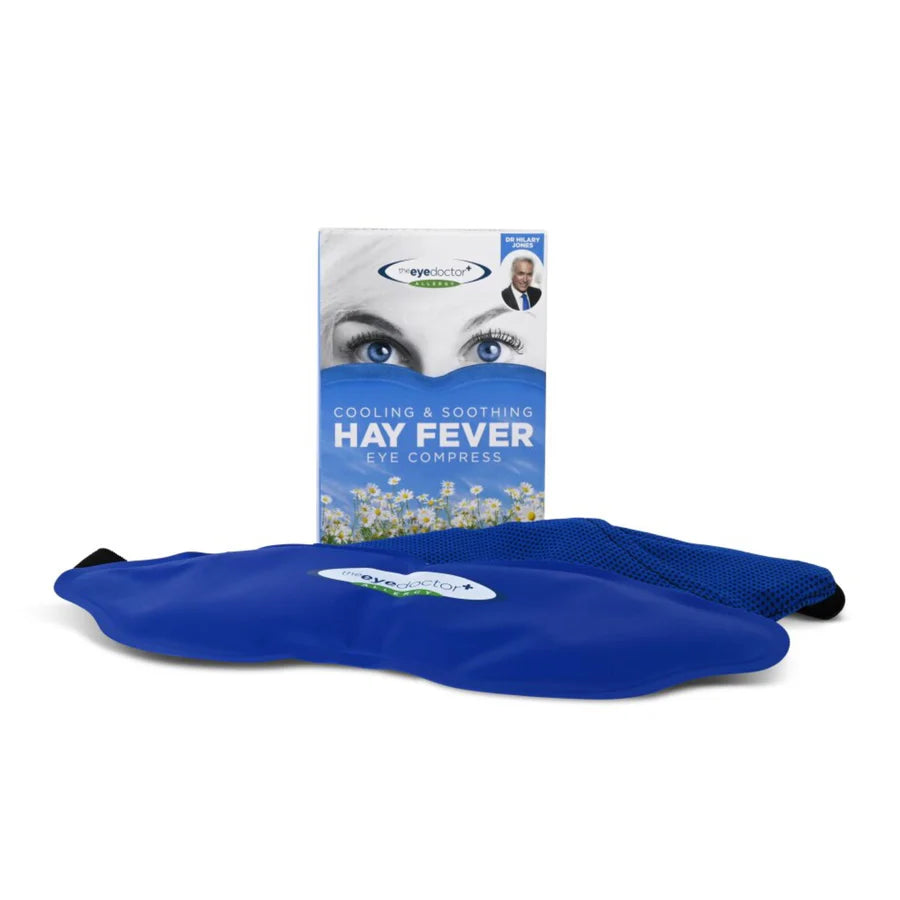 A box containing the Eye Doctor Allergy Cooling & Soothing Hay Fever Eye Compress for allergies, inflammation and migraines.