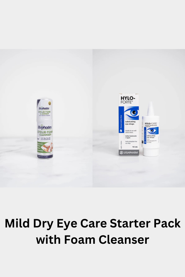 A photo of our Mild Dry Eye Care Starter Pack with Blephadex Foam & Hylo Forte Eye Drops.