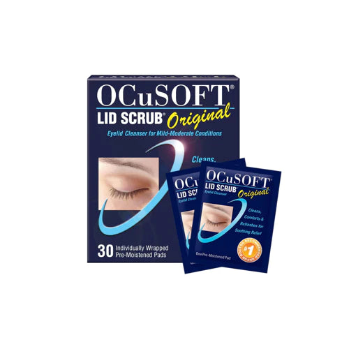 A box of 30 Ocusoft Lid Scrub Original Wipes. Designed to treat mild to moderate cases of blepharitis and improve dry eye symptoms.