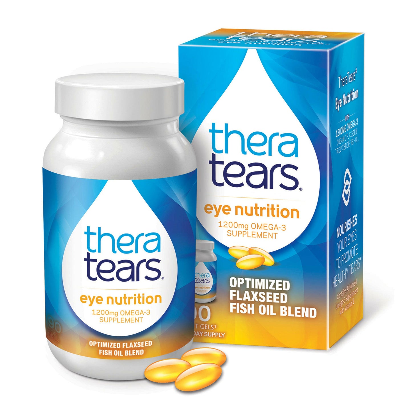 A bottle of 60 Theratears Eye Nutrition for Dry Eyes. Optimised with flaxseed fish oil blend to assist with dry eyes from the inside out.