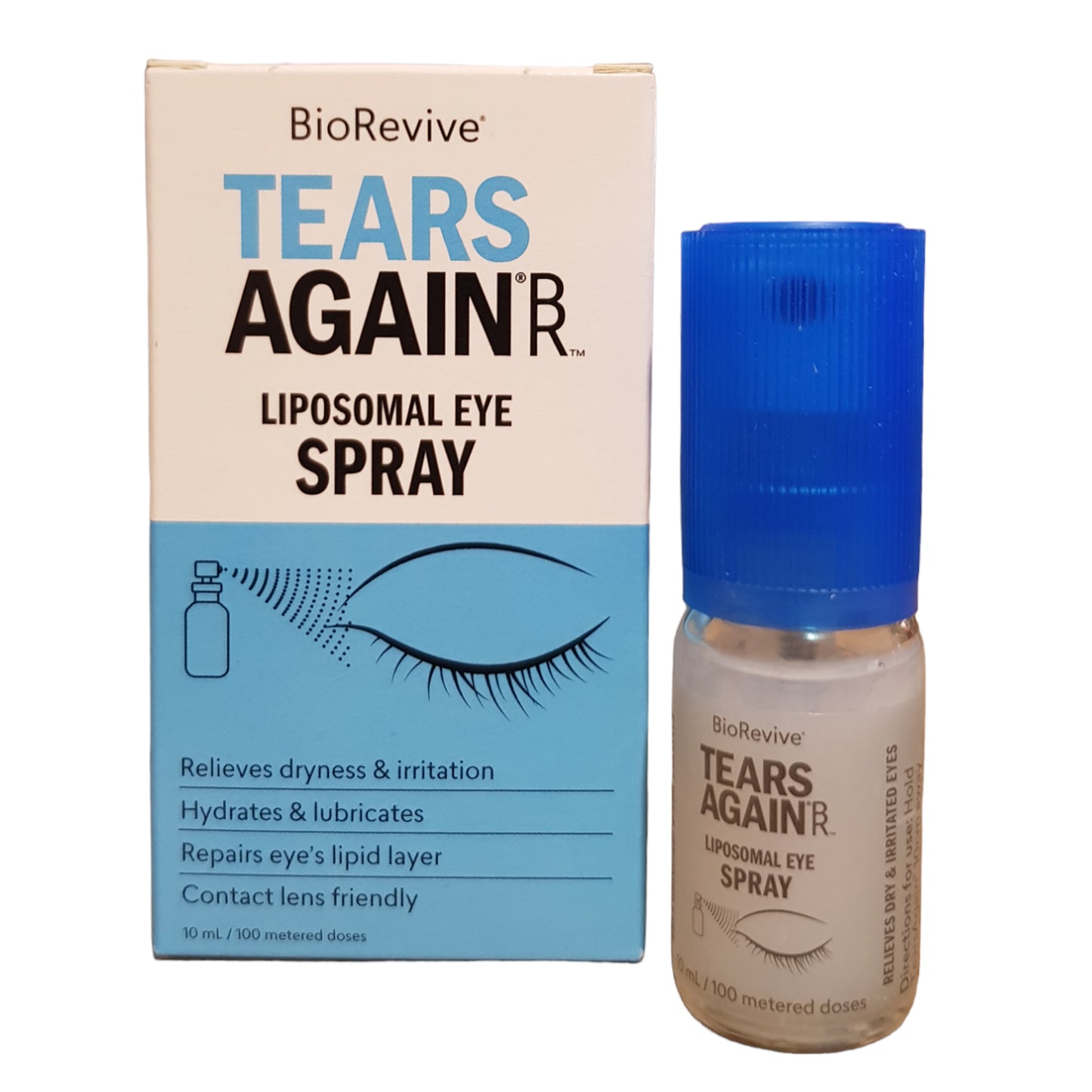 BioRevive Tears Again liposomal eye spray with packaging on a white background