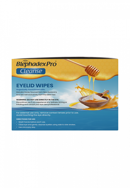 Box of Blephadex Pro Eyelid Wipes with honey and bowl illustration on a white background