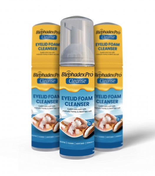 Three bottles of Blephadex Pro Cleanse Eyelid Foam Cleanser on a white background