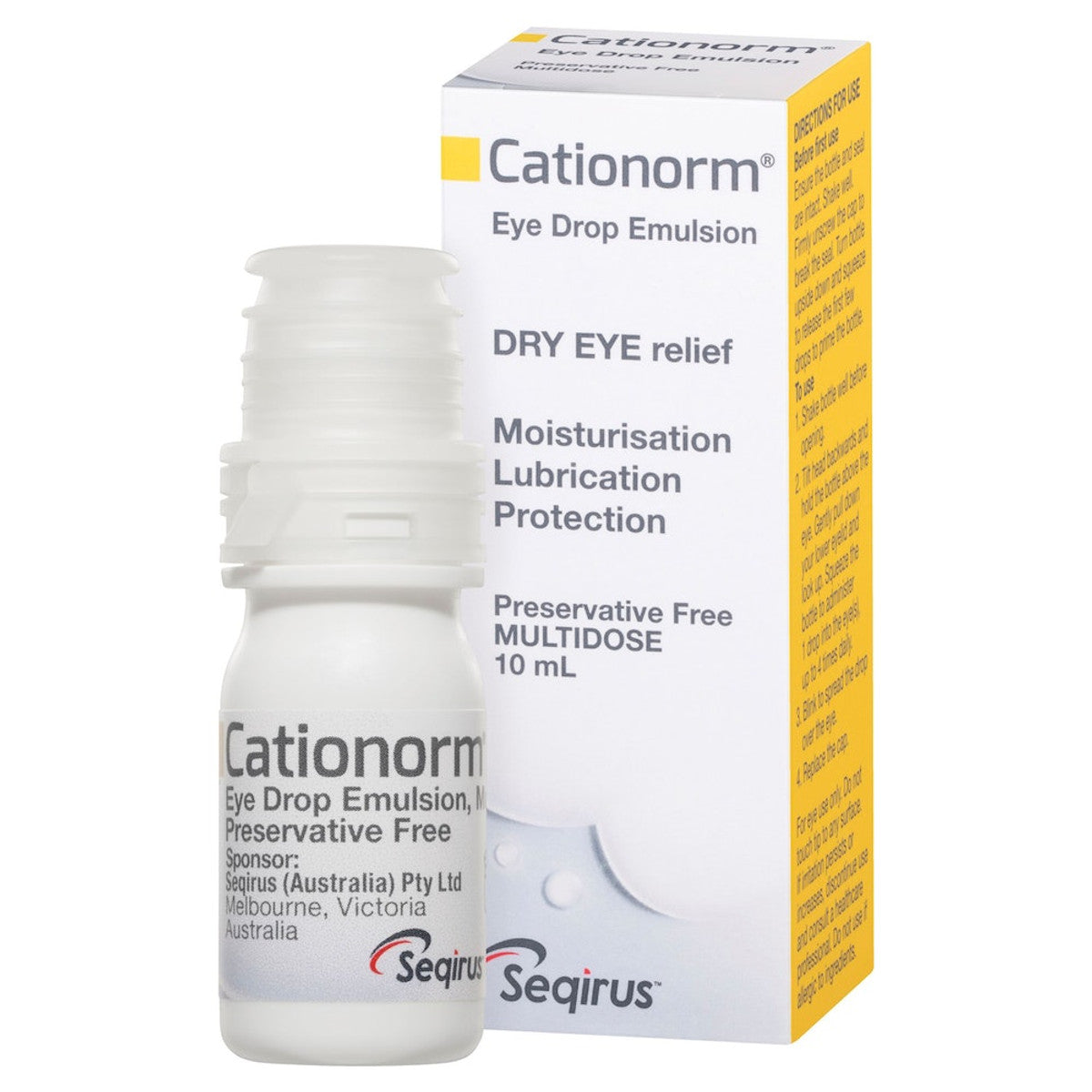 Bottle & Box of Cationorm Eye Drop Emulsion Bottle for lubricating dry eyes.
