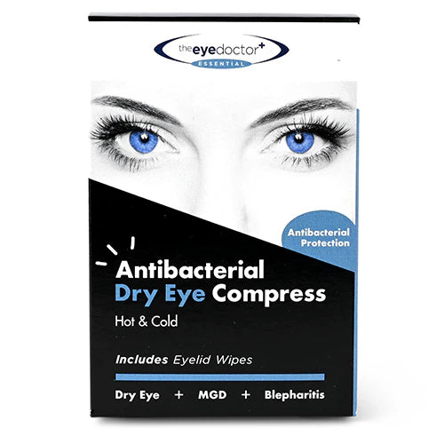 The Eye Doctor Antibacterial Dry Eye Compress that can be used Hot & Cold for Dry Eyes, MGD & Blepharitis. Photo is of the outside of the box.