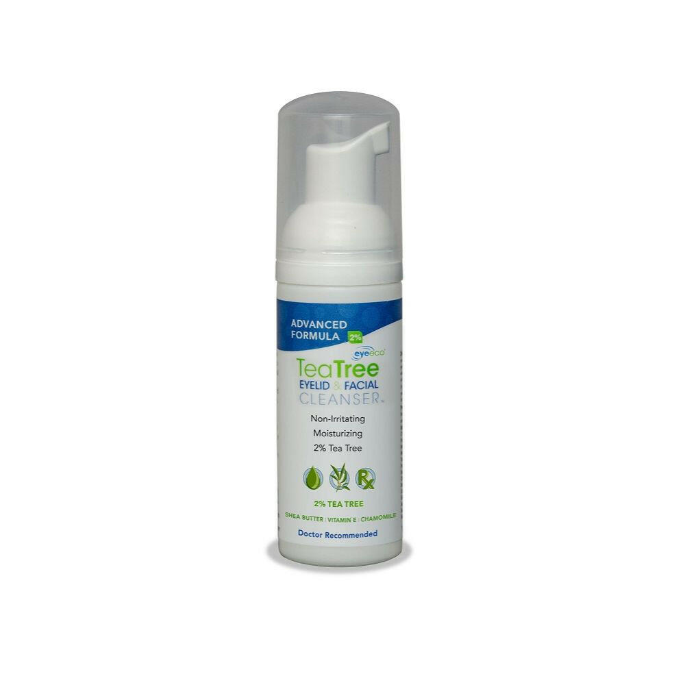 A 50ml bottle of EyeEco Tranquileyes Advanced 2% Tea Tree Oil Cleanser for eyelids and facial care.