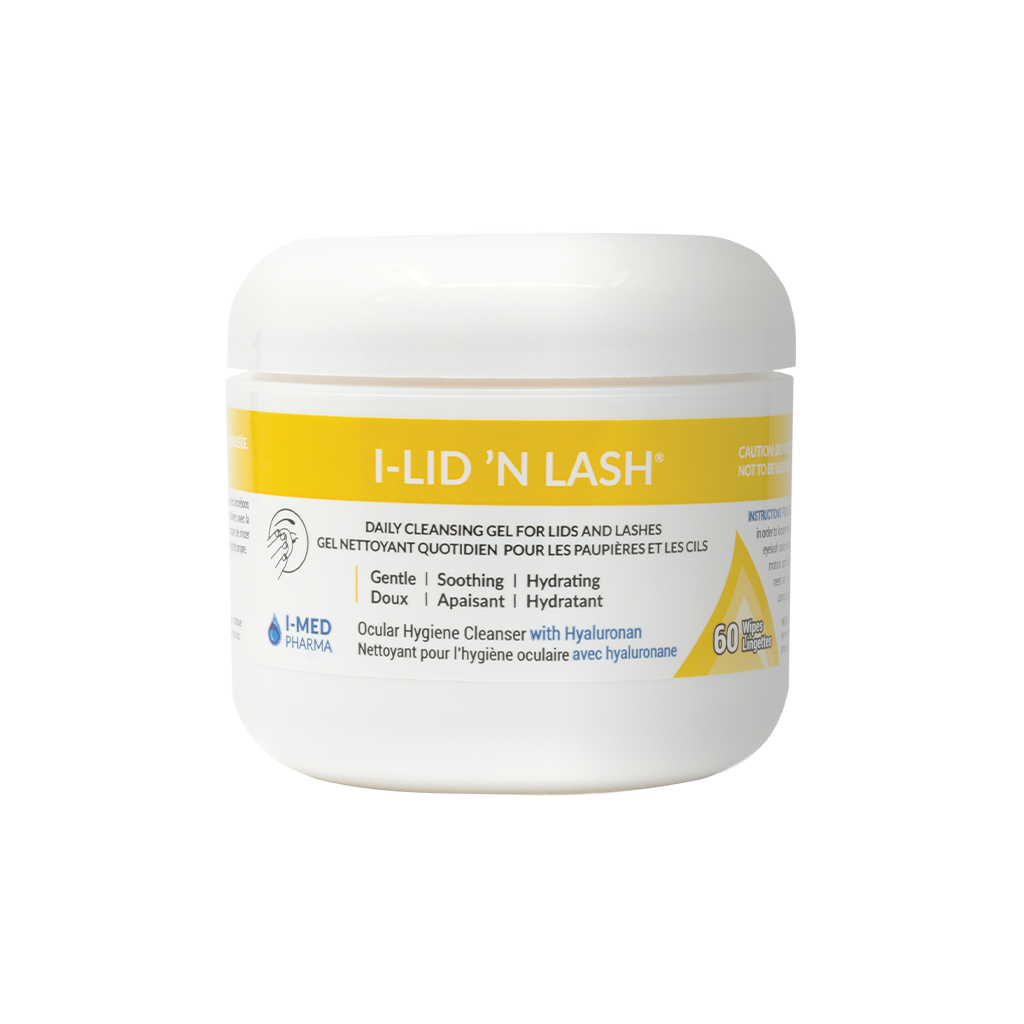 A container of 60x I-Lid 'N Lash Eyelid Wipes. Daily cleansing gel for lids and lashes.