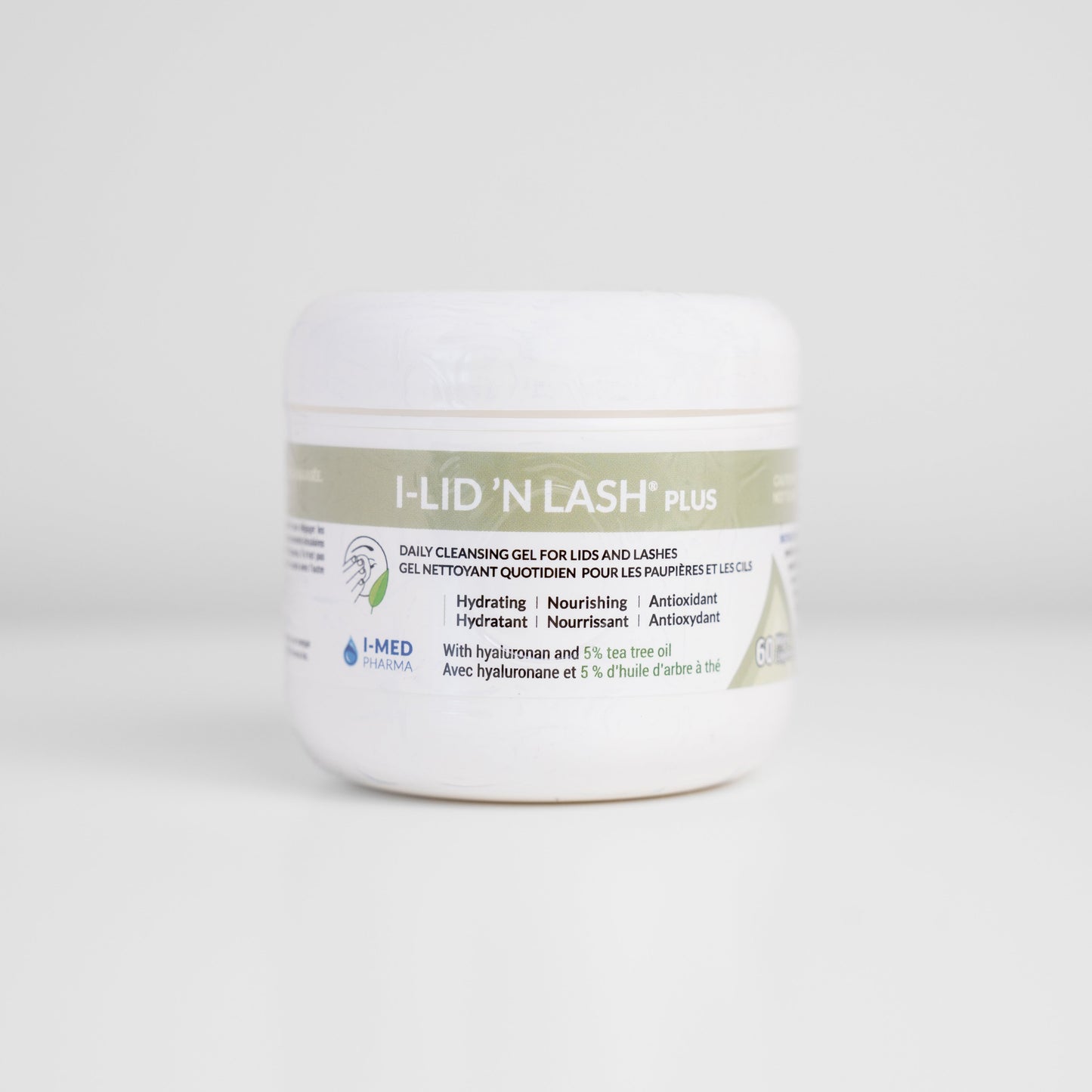 I-Lid ’N Lash Plus eyelid wipes jar for antimicrobial cleaning