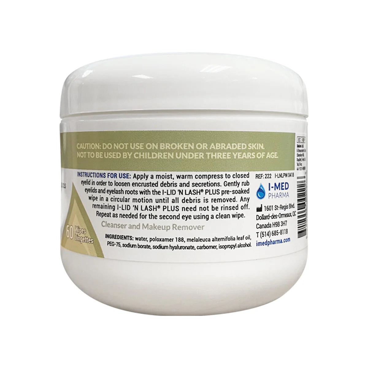 A jar of I-lId-n Lash eyelid wipes with ingredients and instructions.