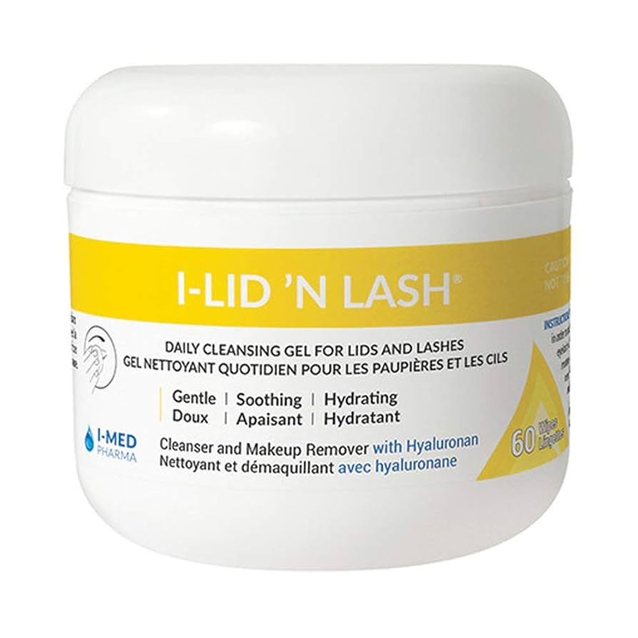 Jar of 'I-Lid 'N Lash' daily cleansing wipes for lids and lashes on a white background