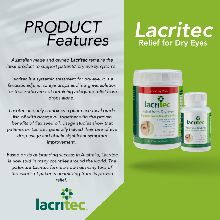 Lacritec product features with bottles on a green background