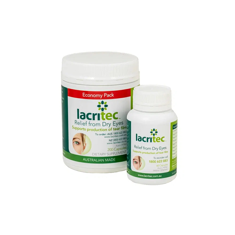 Two Lacritec dry eye relief supplement containers on a white background