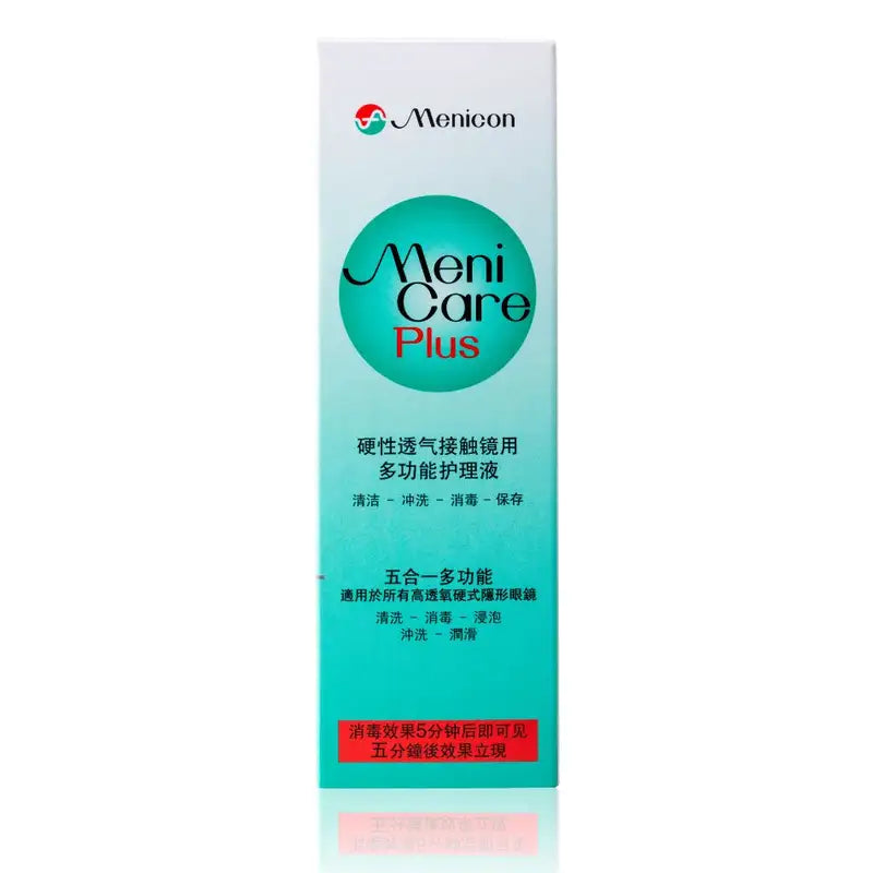 Menicon MeniCare Plus contact lens solution bottle on a white background