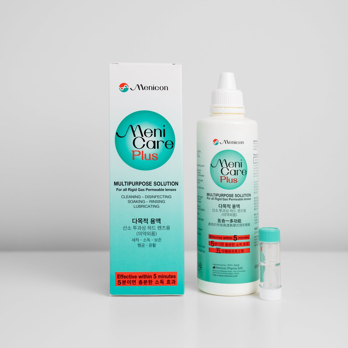 Menicare Plus 250 ml contact lens solution box and bottle