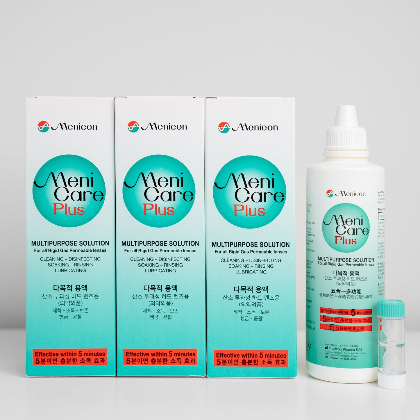 Triple pack box and bottle of Menicare Plus contact lens solution