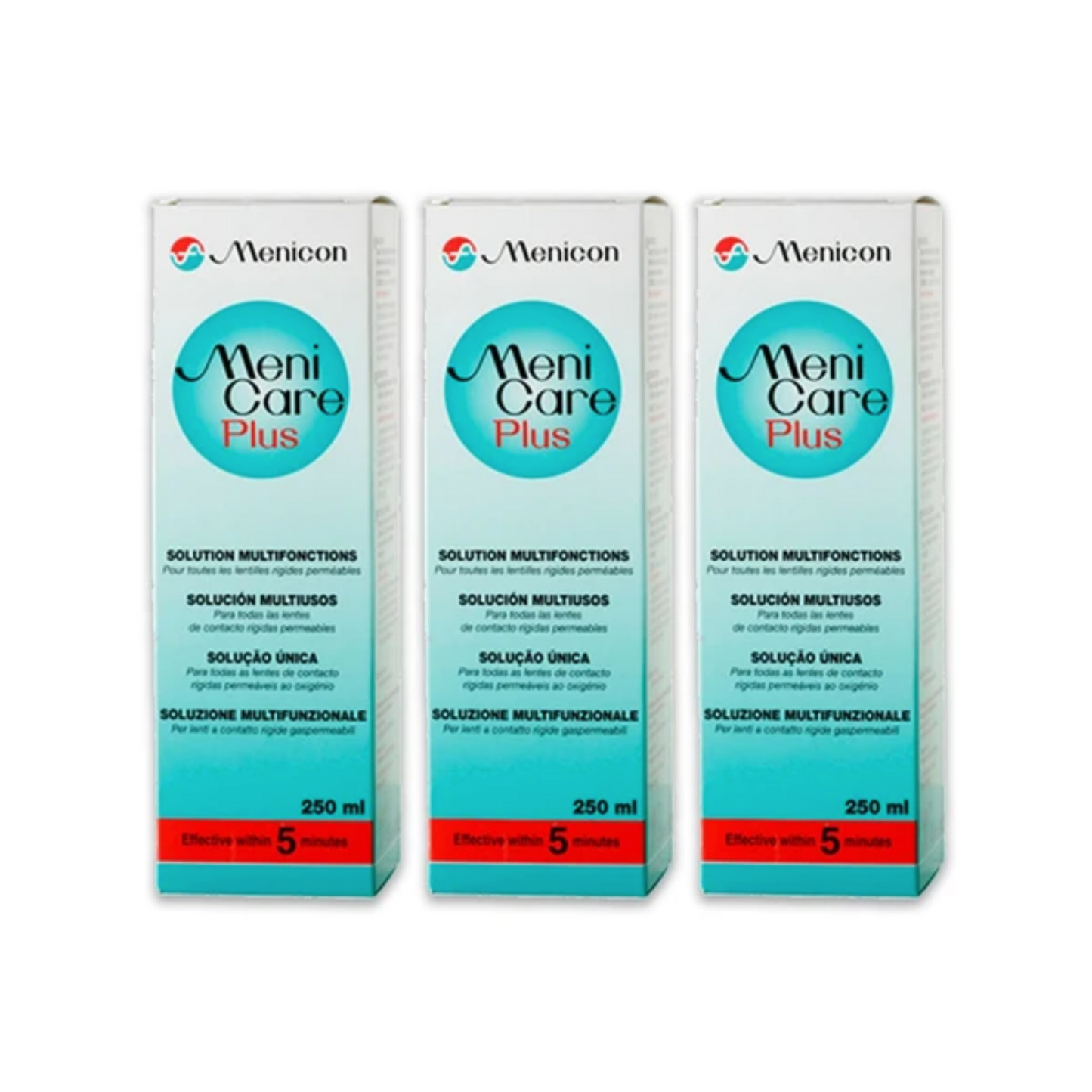 Three boxes of MeniCare Plus solution by Menicon on a white background