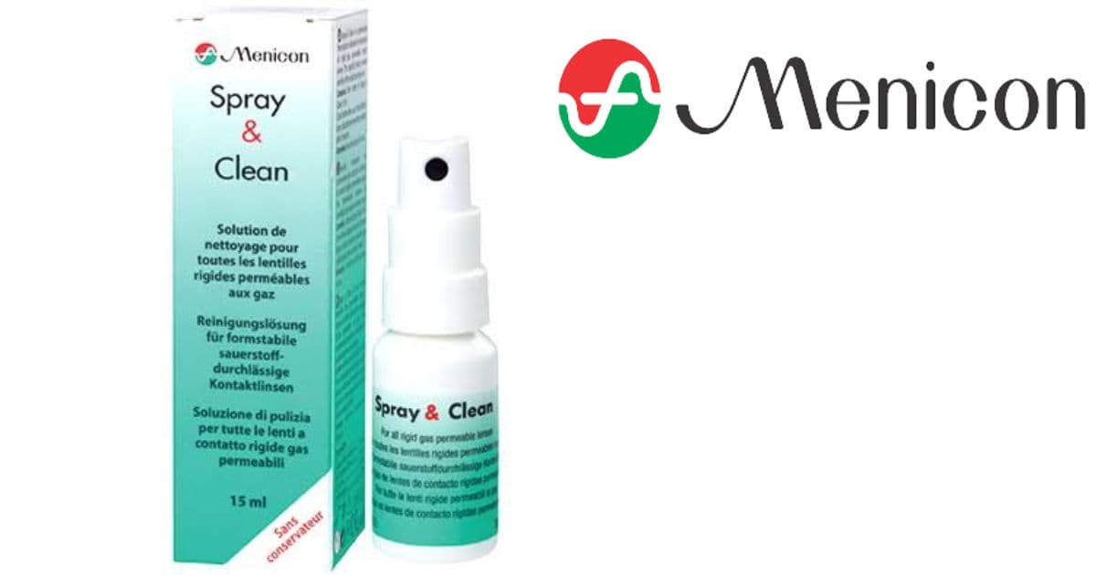 Menicon Spray & Clean packaging and bottle on a white background