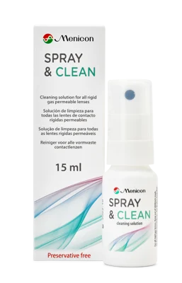 Menicon Spray & Clean solution packaging and bottle on a white background