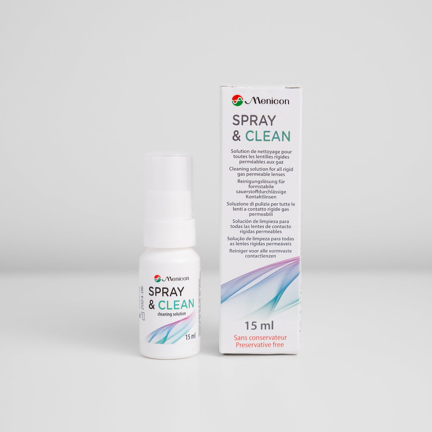 Menicon Spray & Clean Contact Lens Cleaner 15ml bottle and box