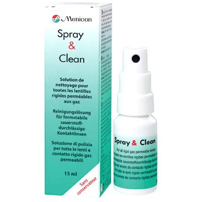 A bottle of Menicon Spray and Clean for RGP contact lenses.