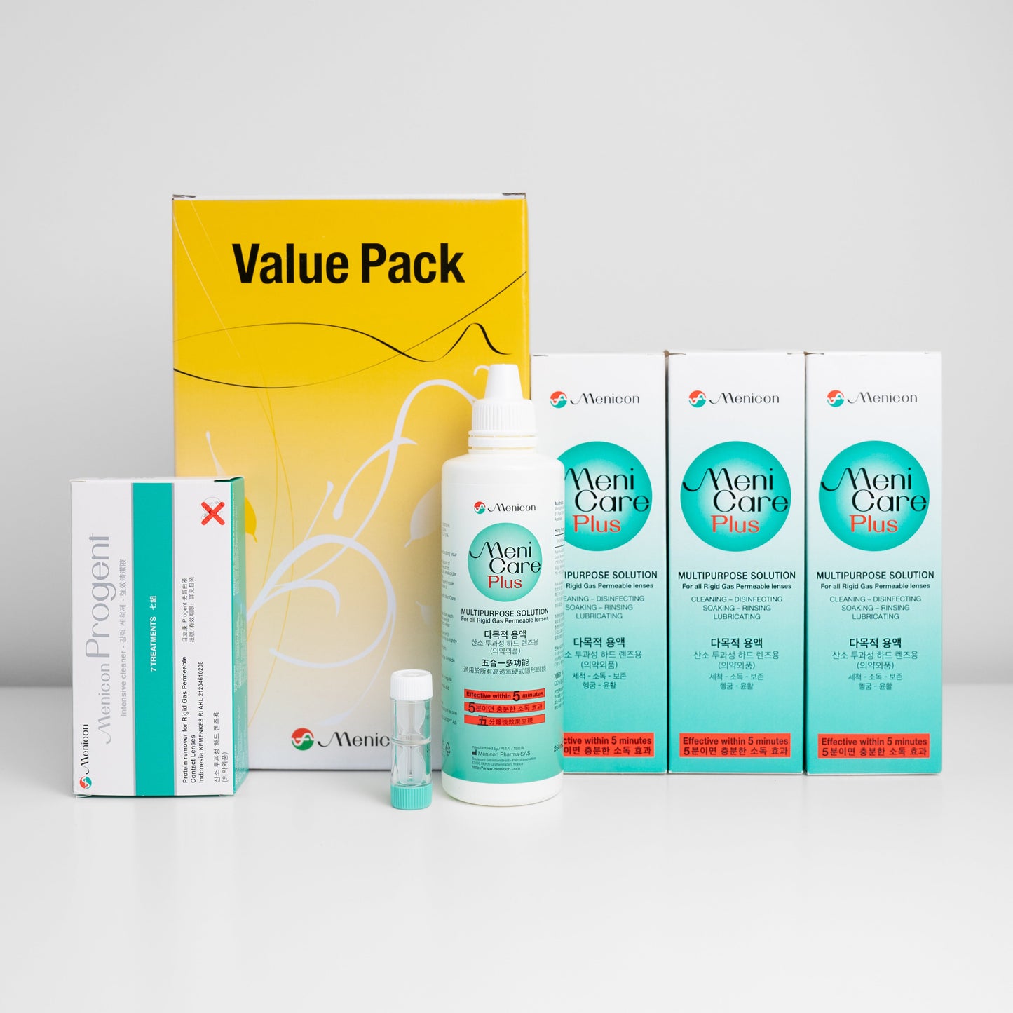 Menicon Value Pack including 3x 250ml bottles of Menicare Plus Contact Lens Solution, Menicon Progent and Case.