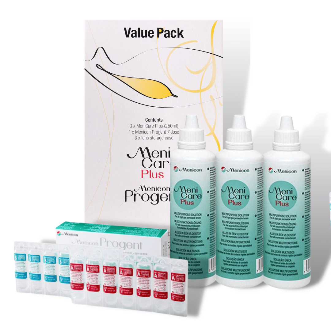 Menicon eye care product value pack with bottles and packaging on a white background
