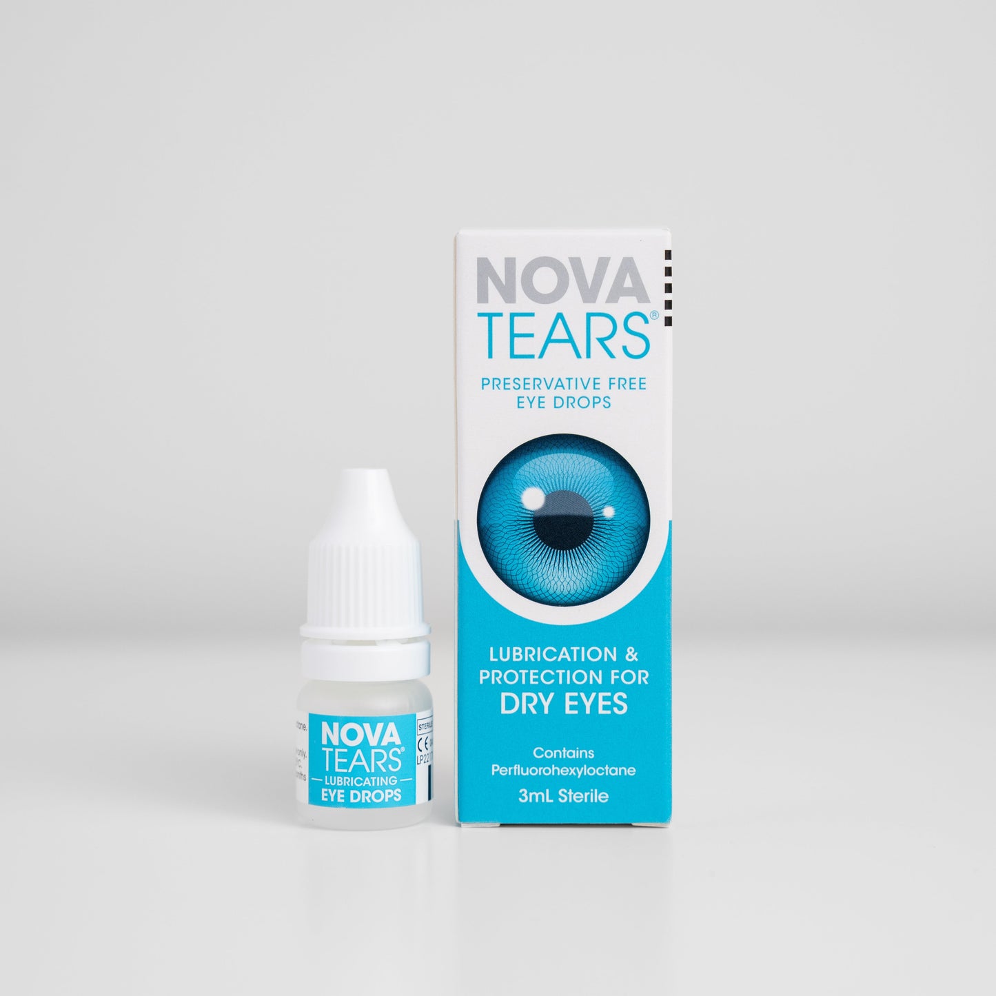 Box and bottle of NovaTears dry-eye relief drops preservative free