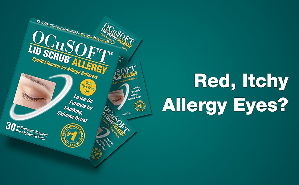 OCuSOFT Lid Scrub Allergy packaging on a teal background with text about red and itchy allergy eyes.