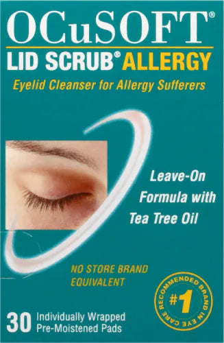 OCuSOFT Lid Scrub Allergy eyelid cleanser packaging with text and a close-up of an eye.