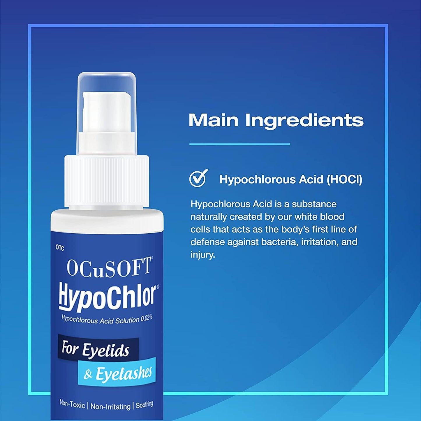 OCuSOFT HypoChlor bottle with blue background and text about ingredients