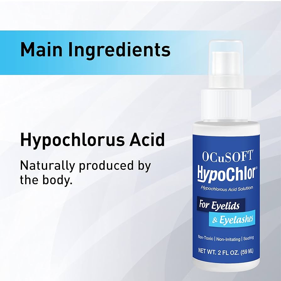 OCuSOFT HypoChlor bottle with text about hypochlorous acid on a white background