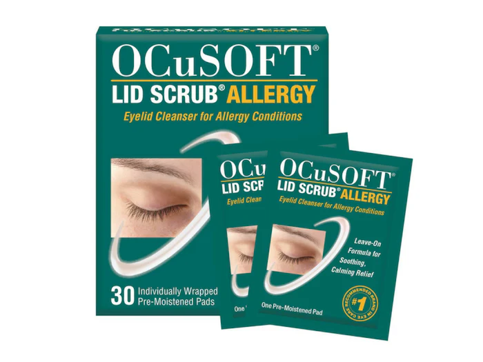 Ocusoft Lid Scrub Allergy Wipes for gentle eyelid cleansing and relief from irritation caused by allergies.