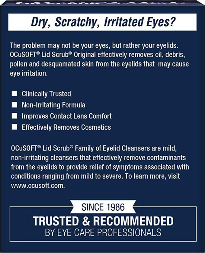 A box of 30 Ocusoft Lid Scrub Original Wipes. Designed to treat mild to moderate cases of blepharitis and improve dry eye symptoms.