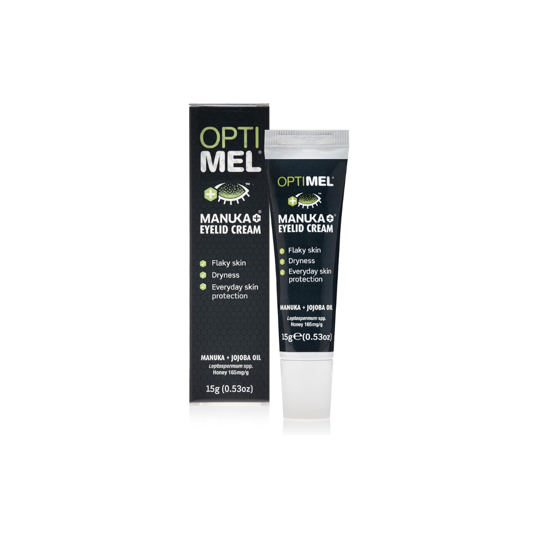 Tube of Optimel Manuka Eyelid Cream on a white background