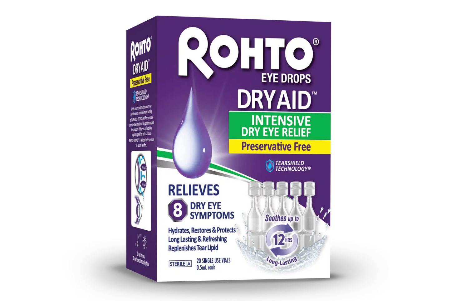 A box of Rohto Dry Aid Eye Drops Intensive Dry Eye Relief Preservative Free. Box includes 20 single use vials.