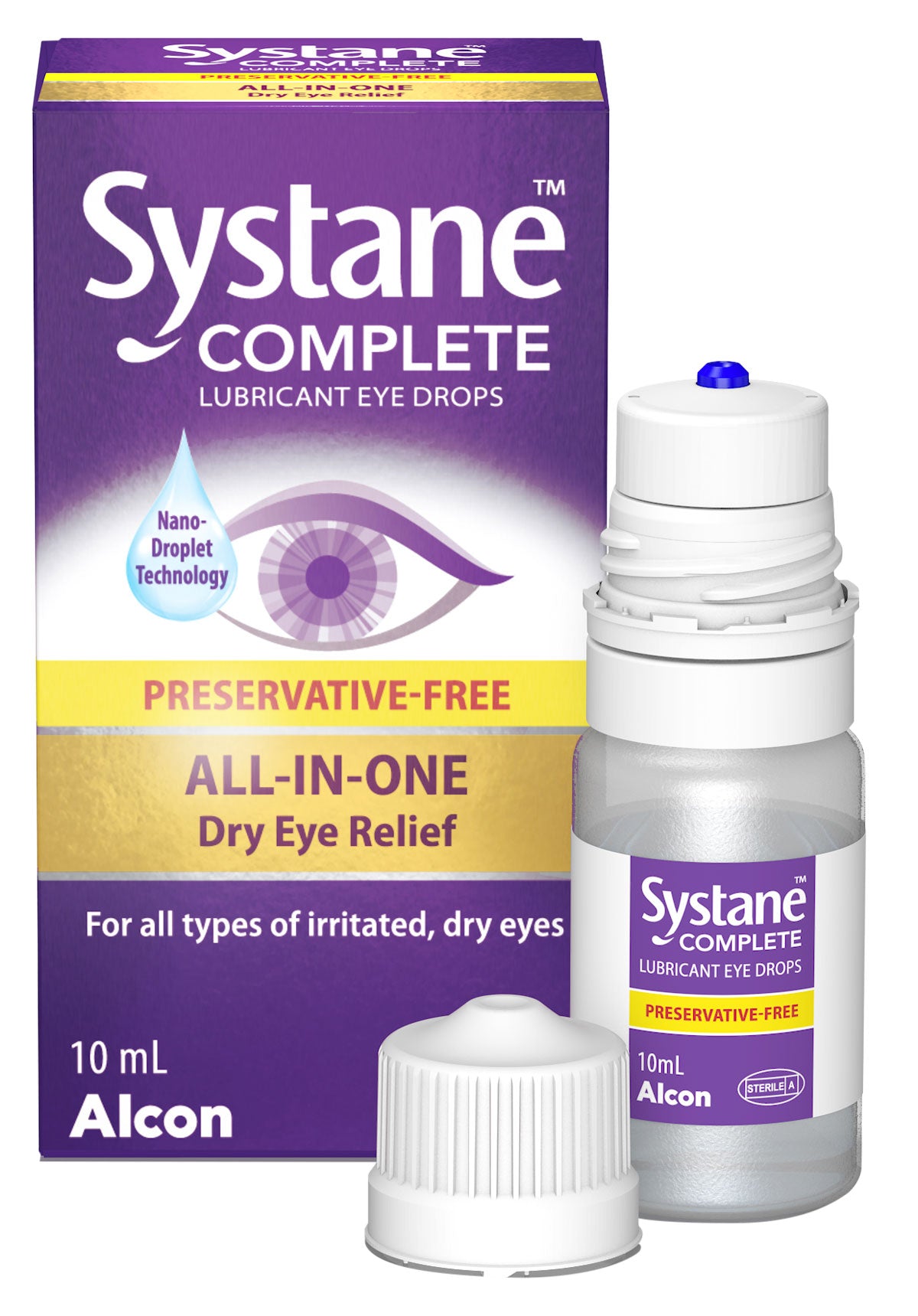 Systane Complete lubricant eye drops packaging and bottle on a white background