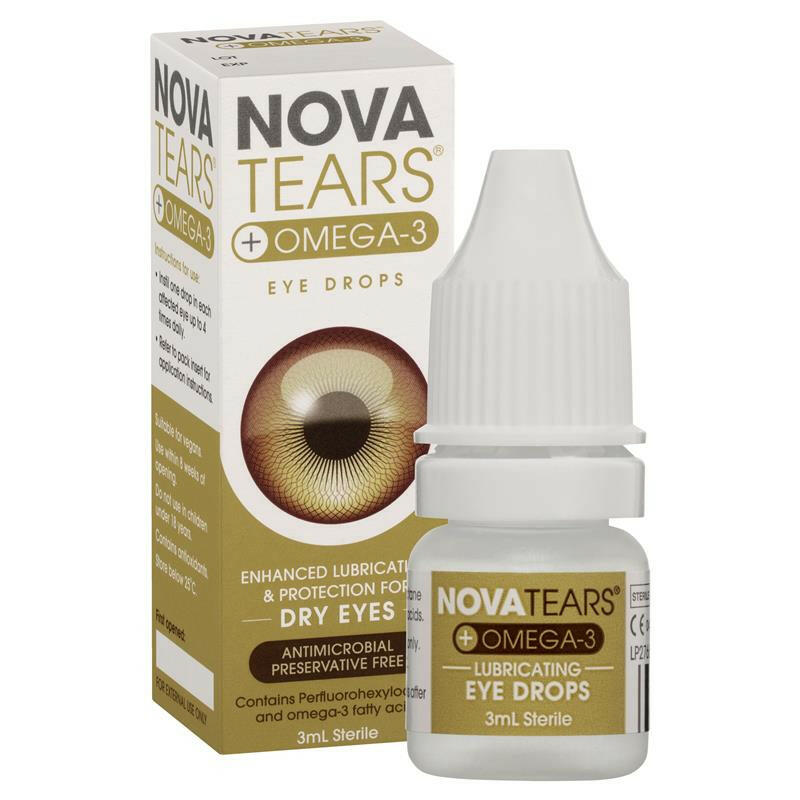 A 3ml bottle of NovaTears Omega 3 eye drops which provides long lasting relief from dry eyes. Antimicrobial and preservative free. Enhanced lubrication and protection for dry eyes.