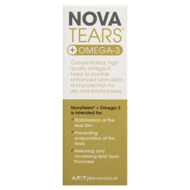 A 3ml bottle of NovaTears Omega 3 eye drops which provides long lasting relief from dry eyes. Antimicrobial and preservative free. Enhanced lubrication and protection for dry eyes.
