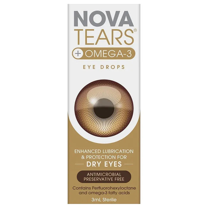 A 3ml bottle of NovaTears Omega 3 eye drops which provides long lasting relief from dry eyes. Antimicrobial and preservative free. Enhanced lubrication and protection for dry eyes.