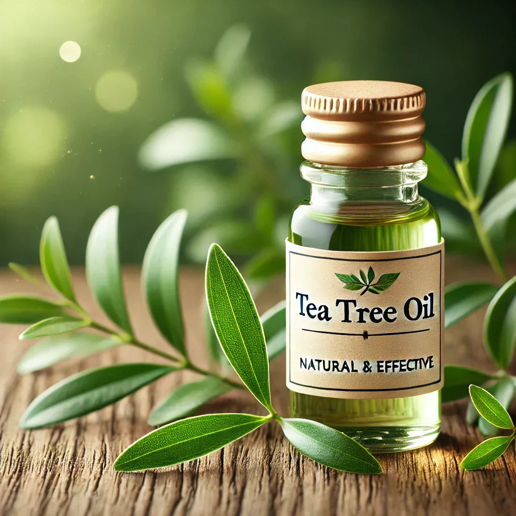 A bottle of tea tree oil that can be used for inflammation, blepharitis or demodex mites.