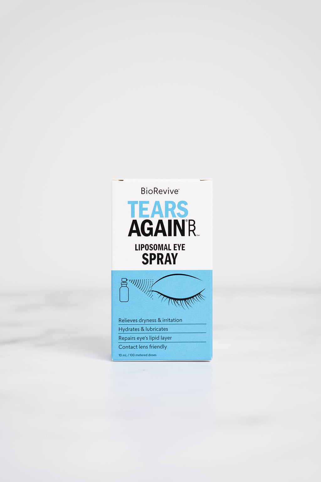 A 10ml spray bottle of BioRevive Tears Again Liposomal Eye Spray for dry eye relief.