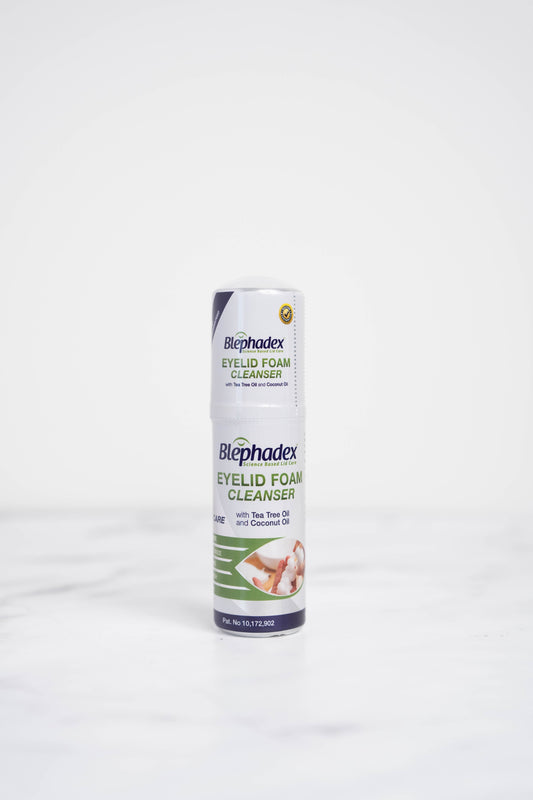 A bottle of Blephadex Eyelid Foam cleanser for blepharitis and dry eye relief.