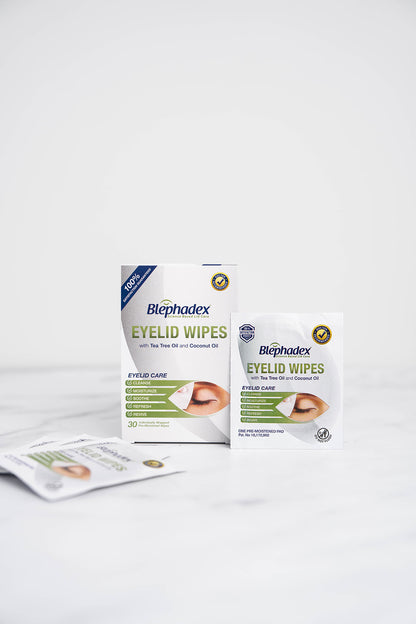 A 30 pack of Blephadex Eyelid Wipes with Tea Tree Oil & Coconut Oil in a bathroom.