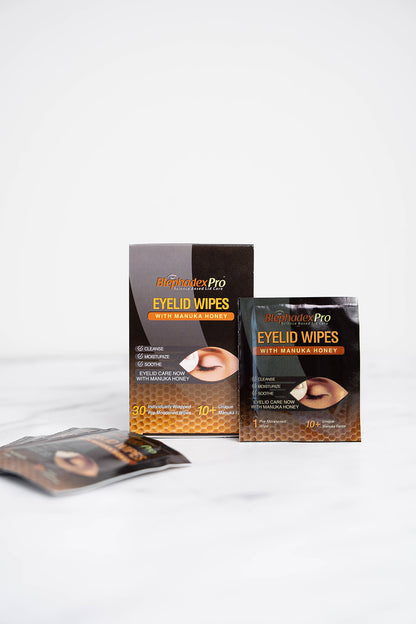 A 30 pack of Blephadex Pro Eyelid Wipes with Manuka Honey in a bathroom.