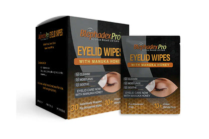 A box of 30 Blephadex Pro Eyelid Wipes with Manuka Honey.