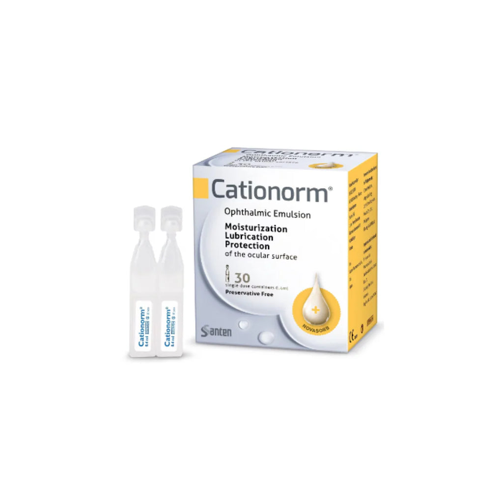 Cationorm ophthalmic emulsion packaging with bottles on a white background